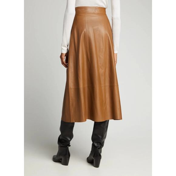 Vince Midi Skirt Tan Belted Lamb Leather A-line High Waist Luxe Minimalist Sz 10 - Picture 5 of 14